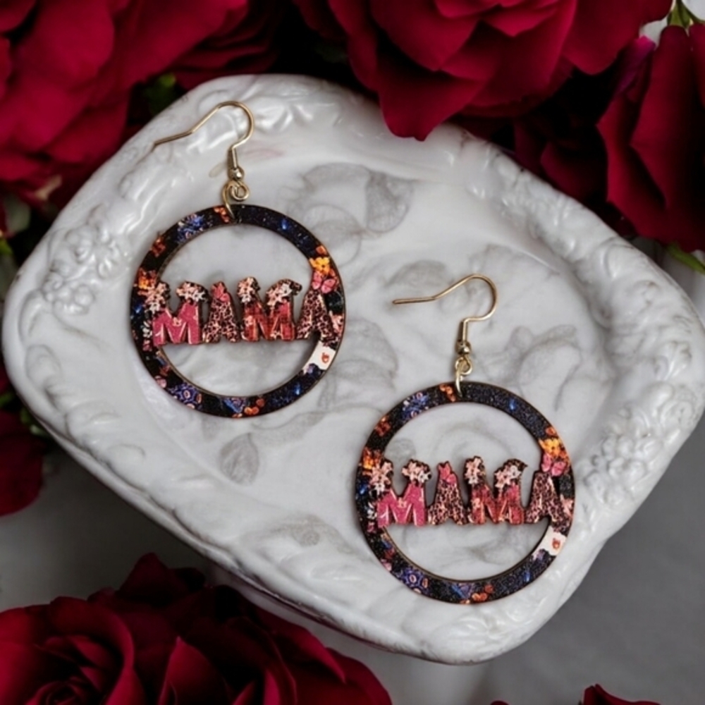 NEW Womens Floral MAMA Wooden Hoop Dangle Earrings Pink Lightweight Gift for Mom